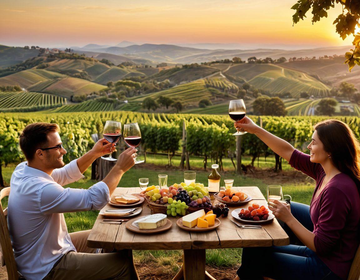 A cozy vineyard scene at sunset, featuring diverse people toasting with glasses of wine, surrounded by lush grapevines and rolling hills. The atmosphere should be warm and inviting, with soft golden light creating a sense of connection and community. Include a rustic wooden table laden with various cheeses and fruits. super-realistic. vibrant colors. warm ambiance.