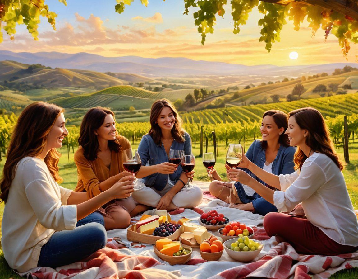 A cozy vineyard setting at sunset featuring a diverse group of friends clinking wine glasses, surrounded by lush grapevines and rolling hills. A picnic blanket laid out with gourmet cheeses and fresh fruits, expressing joy and connection among wine lovers. Soft warm lighting enhancing the blissful atmosphere, capturing a sense of joyful experiences. vibrant colors. painting.
